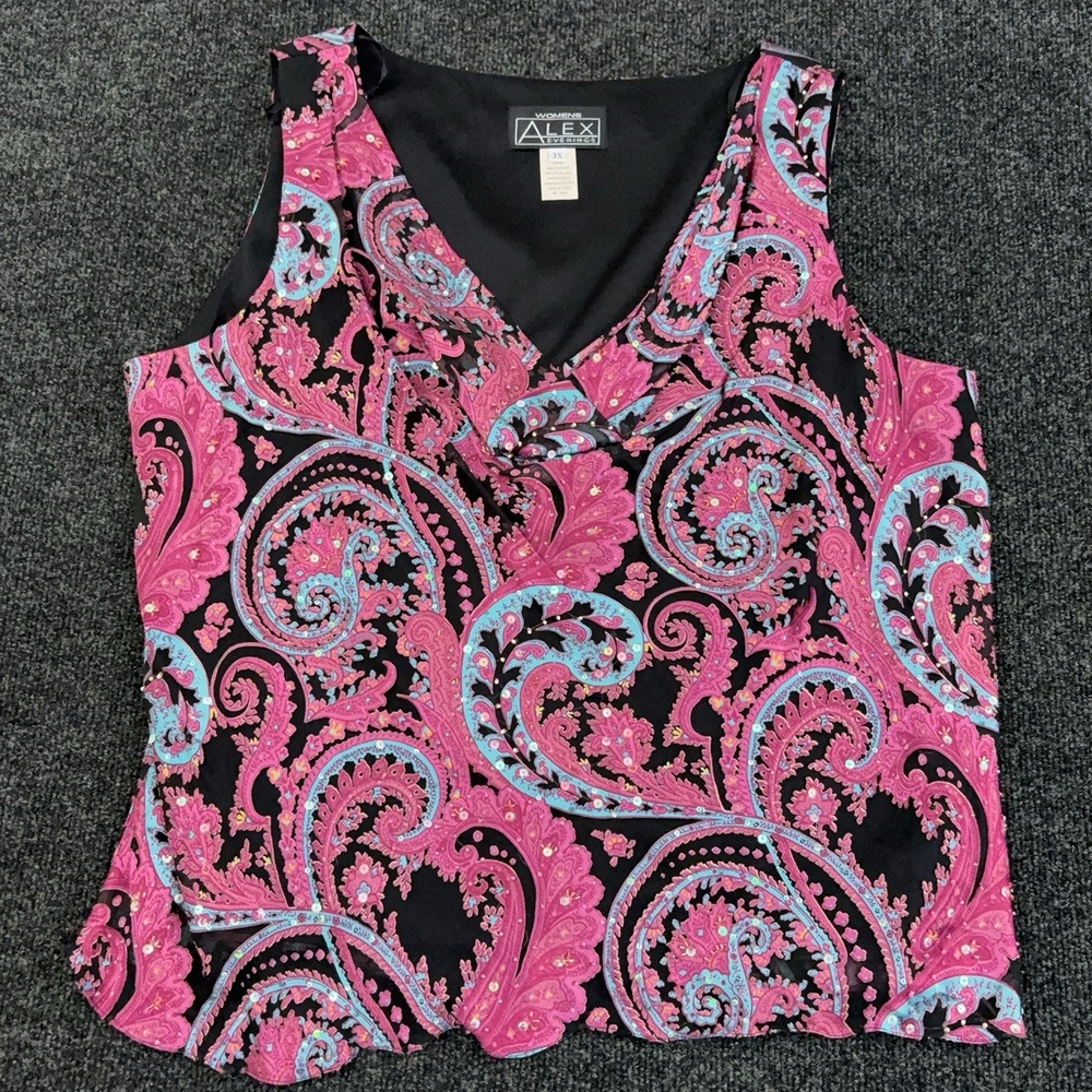 Alex Evenings Tank Top Womens Plus 3X Pink Paisley Beaded V Neck Camisole